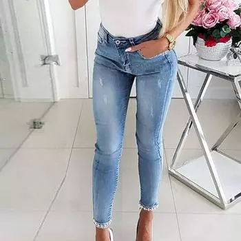 Европейские и американские узкие женские джинсы-карандаш с цветочным принтом и бабочками Small светло-синий