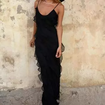 Европейские и американские весенне-летние сексуальные подтяжки с открытой спиной, U-образным вырезом и сливом на плечах, облегающий крой с волнами, платье с боковыми разрезами, длинная юбка S красный