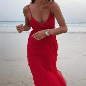 Европейские и американские весенне-летние сексуальные подтяжки с открытой спиной, U-образным вырезом и сливом на плечах, облегающий крой с волнами, платье с боковыми разрезами, длинная юбка S красный