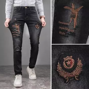 Европейские и американские вышитые модные фирменные джинсы мужские прямые облегающие эластичные модные высококачественные повседневные ковбойские брюки 28