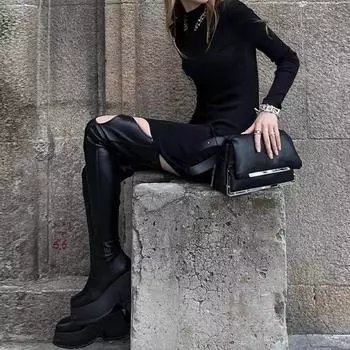 Европейские и американские высококачественные детские сапоги на толстой подошве, зимние сапоги 2025 года с квадратным носком и тонкой эластичной подошвой 35 чёрный