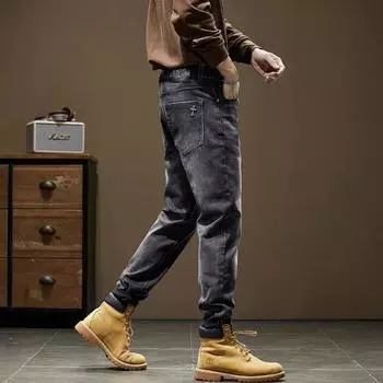 Европейские и американские высококачественные толстые джинсы мужские модные брендовые британские новые свободные прямые повседневные длинные брюки Haren черного цвета 28