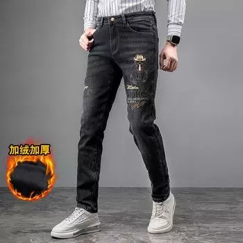 Европейские и американские высококачественные вышитые и плюшевые толстые теплые джинсы, прямые, эластичные, облегающие, теплые, повседневные мужские джинсы 31