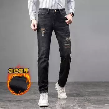 Европейские и американские высококачественные вышитые и плюшевые толстые теплые джинсы, прямые, эластичные, облегающие, теплые, повседневные мужские джинсы 31