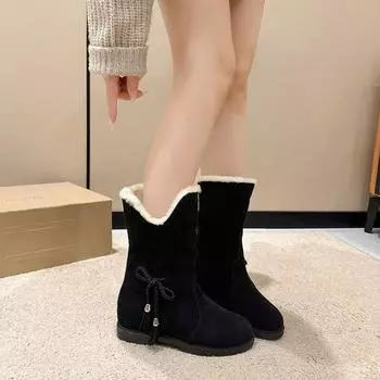 Европейские и американские замшевые зимние сапоги 2024 года, новые плюшевые и теплые женские хлопковые сапоги с плоской подошвой Zapatos De Mujer Trafza 35 чёрный