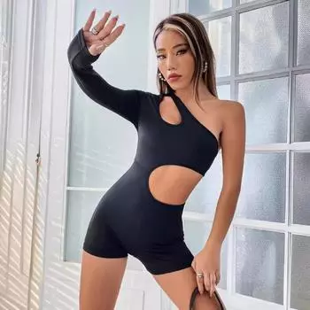 Европейские и американские женщины модный однотонный одно плечо с длинными рукавами сексуальный пикантный девичий ажурный комбинезон с открытой спиной S чёрный
