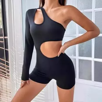 Европейские и американские женщины модный однотонный одно плечо с длинными рукавами сексуальный пикантный девичий ажурный комбинезон с открытой спиной S чёрный