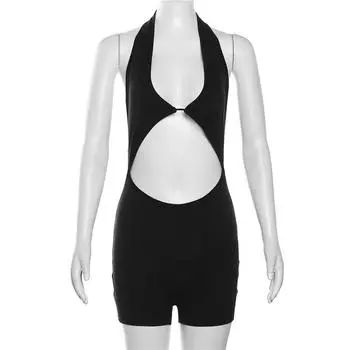 Европейские и американские женщины сексуальный комбинезон с открытой спиной и вырезом на шее S чёрный