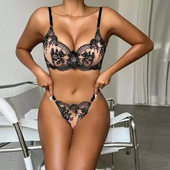 Европейские и американские женщины, ультратонкий комплект нижнего белья, комплект нижнего белья с кружевной вышивкой и цветочным принтом, комплект минимайзера, бюстгальтер и трусики S
