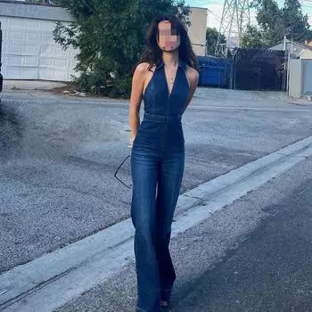 Европейские и американские женские джинсы без рукавов с V-образным вырезом, узкие, с застежкой-молнией и лацканами, обтягивающие, цельные, сексуальные, широкие джинсы Y2K S синий