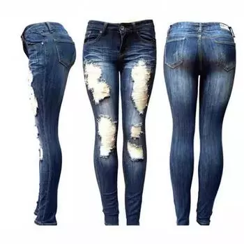 Европейские и американские женские джинсы с дырками выглядят стройнее, женские джинсы, вымытые водой, длинные брюки S темно-синий