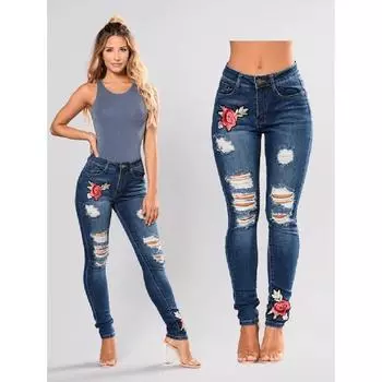 Европейские и американские женские джинсы с рваными дырками и вышитыми цветами, женские джинсы, длинные брюки, укороченные брюки S темно-синий