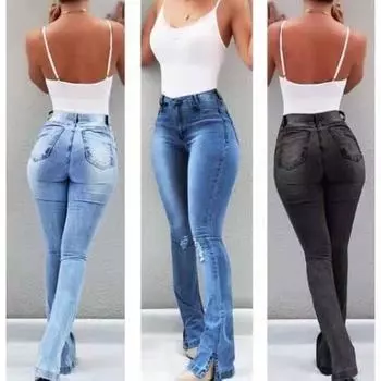 Европейские и американские женские джинсы, сексуальные облегающие и утягивающие, перфорированные расклешенные брюки, длинные брюки S чёрный