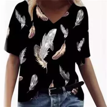 Европейские и американские женские футболки с 3D-принтом и узором в виде перьев, с V-образным вырезом и короткими рукавами S