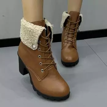 Европейские и американские женские хлопковые сапоги 2024 года, осень и зима, новые короткие сапоги с круглым носком и толстым каблуком, Zapatos Mujer 35 коричневый