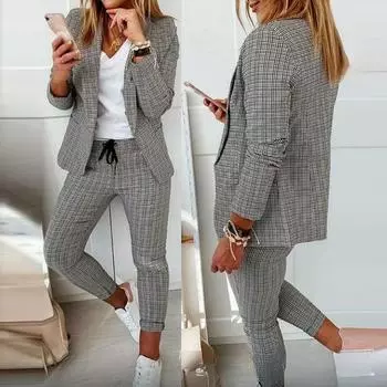 Европейские и американские женские клетчатые брюки с лацканами и блейзером XS белый