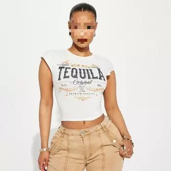 Европейские и американские женские летние футболки с круглым вырезом и принтом букв, с открытой спиной, скрученные, облегающие S белый