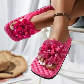 Европейские и американские женские летние шлепанцы с цветочным декором Macaron Dazzle Color Flat Bottom Beach Slippers Breathable 36 чёрный