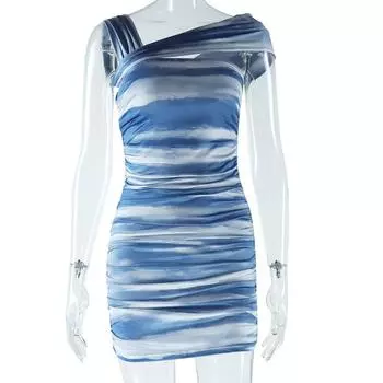 Европейские и американские женские модные платья с принтом, сексуальные без рукавов, открытые плечи, облегающая грудь, открытая юбка на бедрах с застежкой-рюкзаком L синий