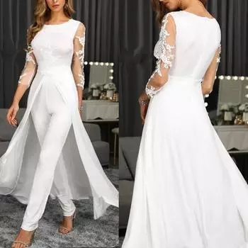 Европейские и американские женские перспективные кружевные сиамские брюки с длинными рукавами, ветровка, искусственные два новых стиля XXL белый