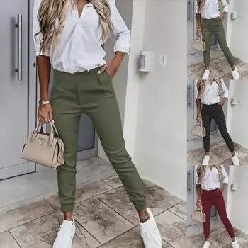 Европейские и американские женские повседневные однотонные брюки с карманами и манжетами Small