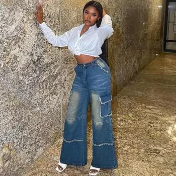 Европейские и американские женские ретро-джинсы с высокой талией и широкими штанинами Large синий