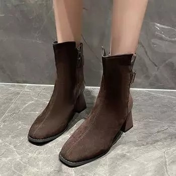Европейские и американские женские сапоги средней длины на высоком каблуке, осень 2024 г., новые короткие сапоги с круглым носком и боковой молнией на толстом каблуке Trafza 35 коричневый