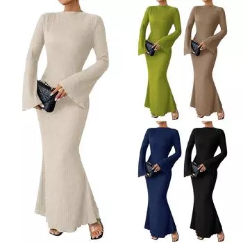 Европейские и американские женские стильные платья с круглым вырезом и длинными рукавами, облегающие бедра L армия зеленый