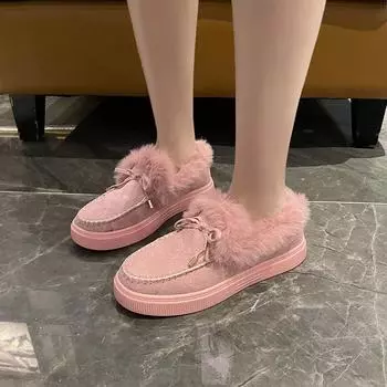 Европейские и американские женские туфли из хлопка с бантом 2024 года, зимние теплые туфли из вулканизированной кожи на плоской подошве с мехом, большие размеры Zapatillas De Deporte 36 чёрный