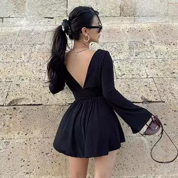 Европейские и американские женские весенне-осенние сексуальные однотонные платья с открытой спиной и длинными рукавами, V-образным вырезом и поясом, пикантное платье для девочек S