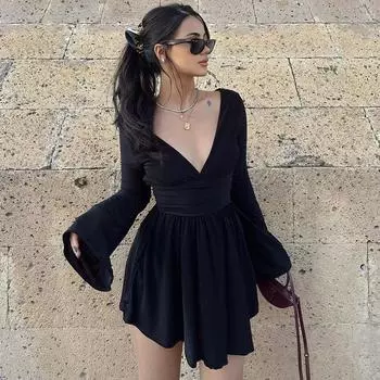 Европейские и американские женские весенне-осенние сексуальные однотонные платья с открытой спиной и длинными рукавами, V-образным вырезом и поясом, пикантное платье для девочек S