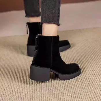 Европейские и американские зимние ботинки на толстой подошве, женские, зимние, 2024, новые, на толстом каблуке, водонепроницаемые, на платформе, с застежкой-молнией сзади, короткие ботинки Traf 35 чёрный