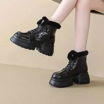 Европейские и американские зимние ботинки на толстой подошве для женщин, зима 2023, новые плюшевые короткие ботинки на шнуровке Zapatillas Mujer Traf 35 чёрный