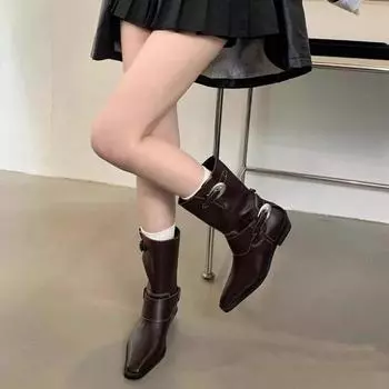 Европейские короткие ботинки Station женские квадратные с металлической пряжкой на толстом каблуке короткие ковбойские ботинки Martin в стиле вестерн 35 коричневый