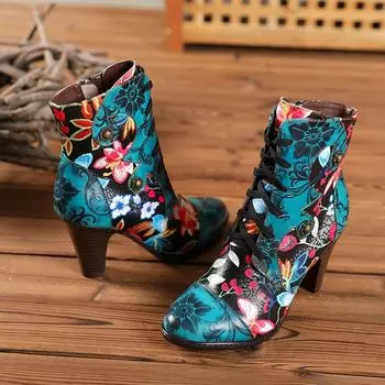 Европейские красивые женские сапоги 2024 года, осенне-зимняя мода, этнические туфли из коровьей кожи ручной работы в стиле ретро с цветочным принтом, сапоги на высоком каблуке для женщин 36 озеро синий