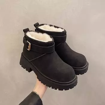 Европейские матовые кожаные туфли с большой головой, пряжка на ремне, ботинки Martin, тонкие, короткие, сапоги Spice girl, бархатные, снежные, хлопковые сапоги, женские 35 чёрный