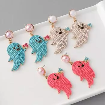 Европейские модные простые серьги-призраки на Хэллоуин для женщин, индивидуальные серьги-гвоздики с жемчугом и рисовыми бусинами, креативные популярные аксессуары синий