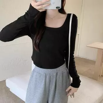 Европейские модные рубашки, новые футболки с длинным рукавом для женщин, осенне-зимний квадратный воротник, правое плечо, неровные верхние части из немецкого бархата S