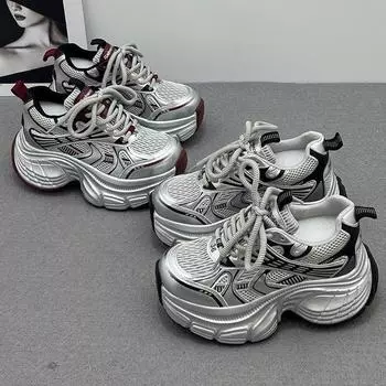 Европейские папины туфли женские нишевые 2025 весна новая мода толстая подошва внутренняя высота увеличивается на 8 см серебристый спортивная и повседневная обувь 35 красный