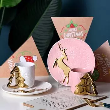 Европейские пары рождественский подарок кружка тисненый лось керамическая кружка мультфильм снежинка кондитерская тарелка 301-400ml