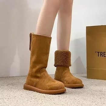 Европейские популярные ботинки из чистой кожи с двумя носками и плоским каблуком, женские зимние ботинки из меха и бархата, теплые хлопковые ботинки 35 верблюд