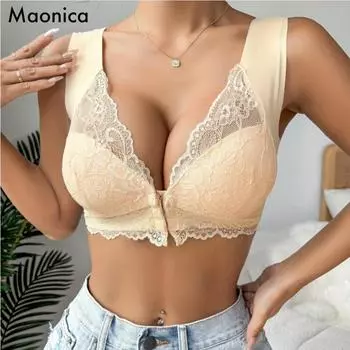 Европейские размеры Женский бюстгальтер с пряжкой спереди большого размера Сексуальное кружевное нижнее белье Беспроводной бюстгальтер-бралетт для большой груди S-2XL S чёрный