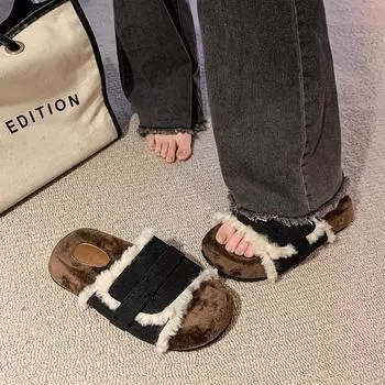 Европейские ретро-тапочки с толстой подошвой, пушистые, женские, осень-зима 2024 года, новая верхняя одежда, матовая замша, односложная одежда из хлопка 35 чёрный
