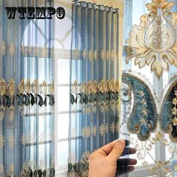Европейские синие цветочные прозрачные шторы - защита от ультрафиолета, дизайн с карманами для гостиной, спальни, столовой и офиса 150*270CM