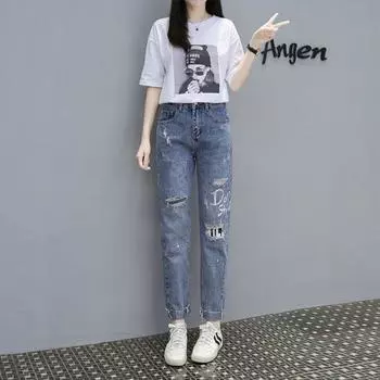 Европейские свободные джинсы с высокой посадкой и вышивкой в виде букв Light blue S