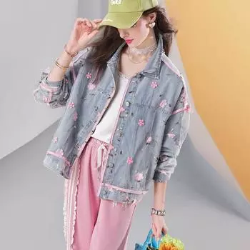 Европейские товары 2025 Осень Новое поступление Западный стиль Нарядные топы Сетка Вышивка Деним Верхняя одежда Женская куртка Бейсбольная форма R288 Blue In Stock M