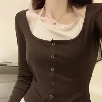 Европейские товары горячая девушка халтернек поддельный двухсекционный футболка женская осень и зима новый стиль короткий тонкий длинный рукав трикотажный топ S