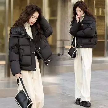 Европейские товары, хлопковая одежда с большим лацканом и воротником, женская зимняя новая короткая, маленькая модная утепленная куртка, одна часть отправлена от имени др. M [Recommended below 52.5kg] чёрный