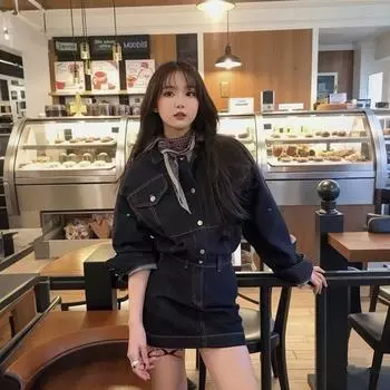 Европейские товары Ретро Выбеленное Деним платье-рубашка Женское Весна Новое Свободное Стройнящее Однобортное Лацкан Короткая юбка