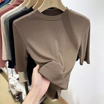Европейские товары, сплошной цвет, полувысокая шея, рукав с пятью точками, футболка со средними рукавами, женские летние новые облегающие леггинсы для выступлений, топ S